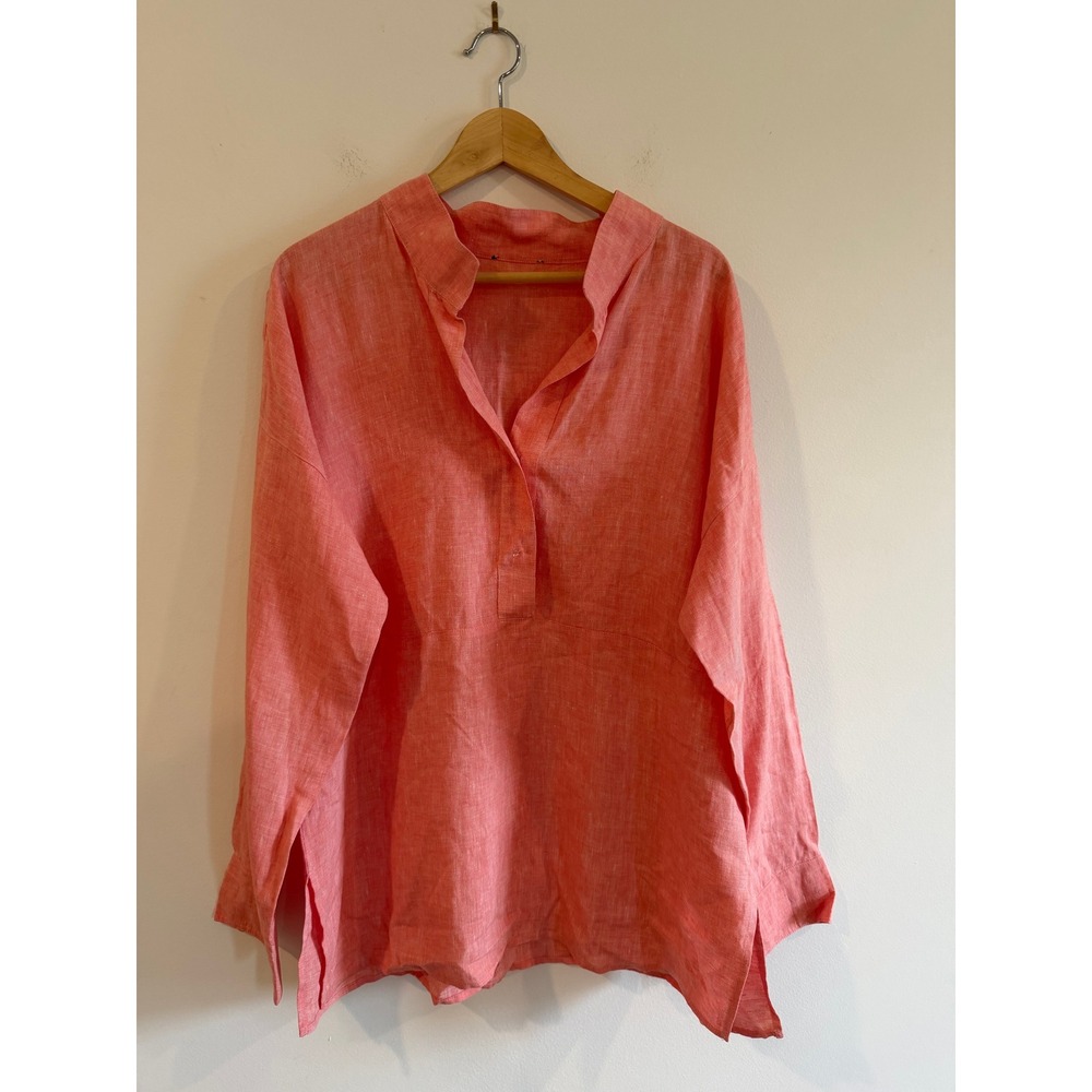 Worth Coral Pink 100% Linen Split Neck Tunic Top Long Sleeve Relaxed Fit